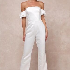 Chic Vow White Satin Off-the-Shoulder Bow Jumpsuit